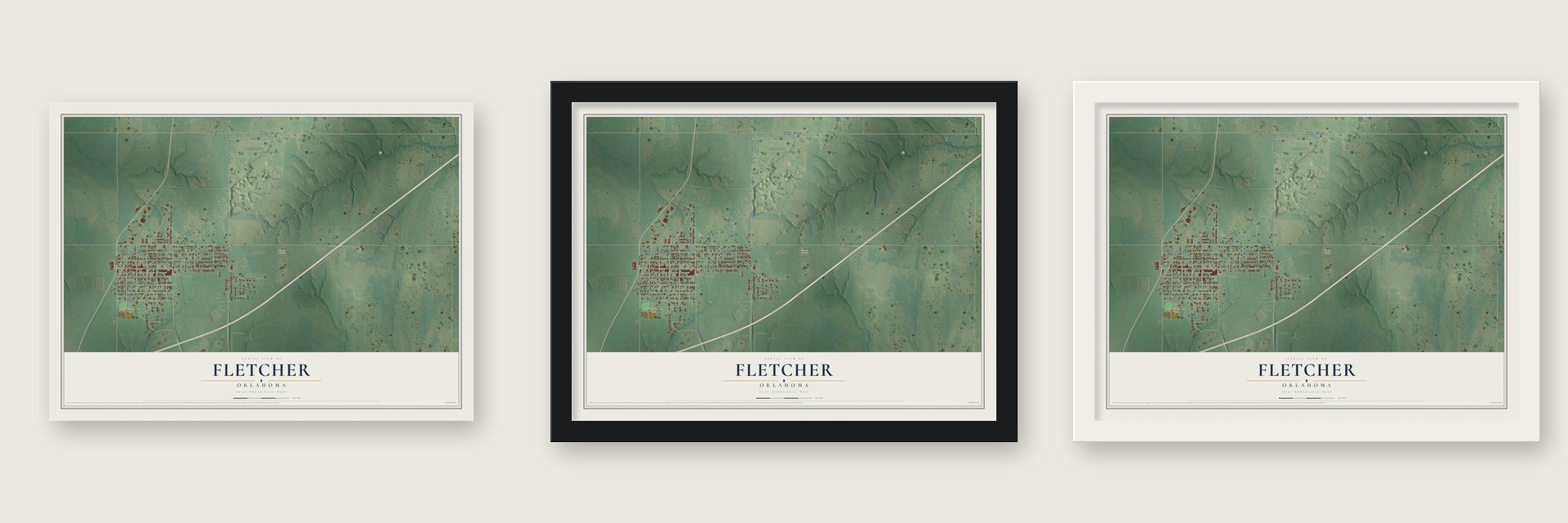 Fletcher, Oklahoma map unframed, in a black wood frame and in a white wood frame