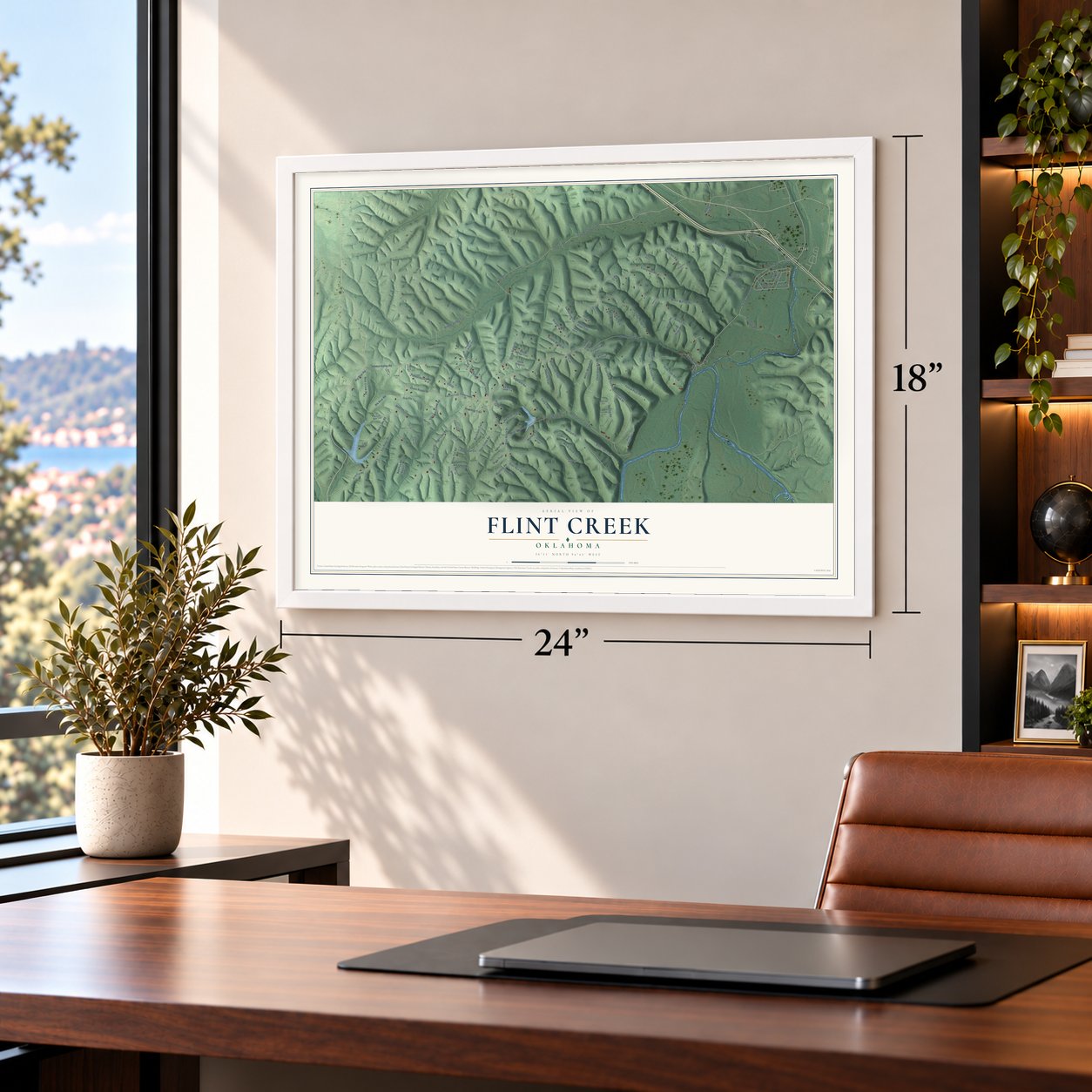 Flint Creek, Oklahoma map, 18 x 24 inch print in a white frame in a home office