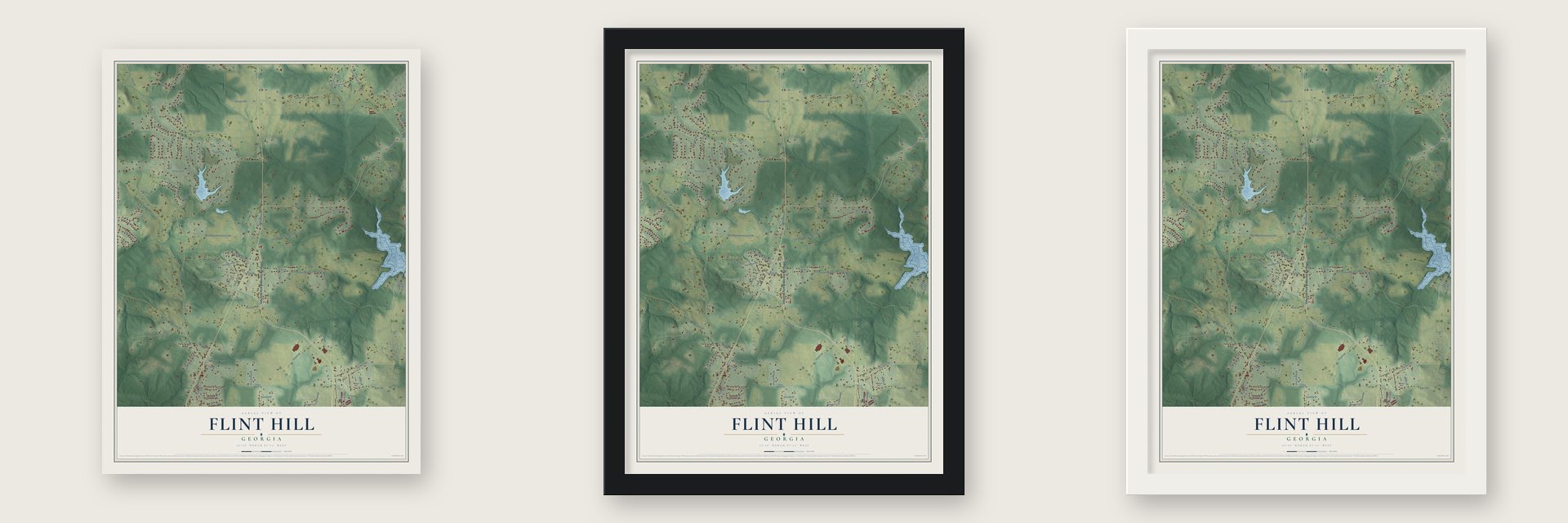 Flint Hill, Georgia map unframed, in a black wood frame and in a white wood frame
