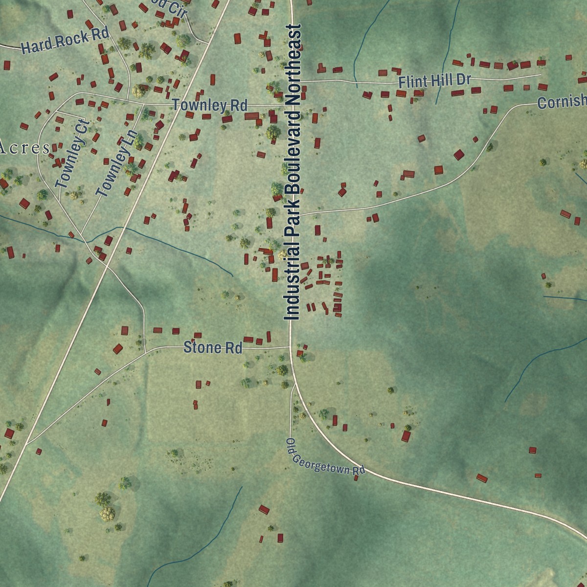 Second close-up of the map of Flint Hill, Georgia print showing more streets and buildings