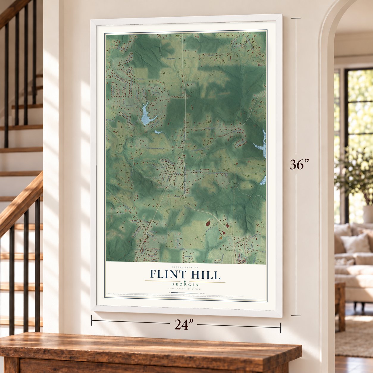 Flint Hill, Georgia map, 24 x 36 inch print in a white frame by a staircase