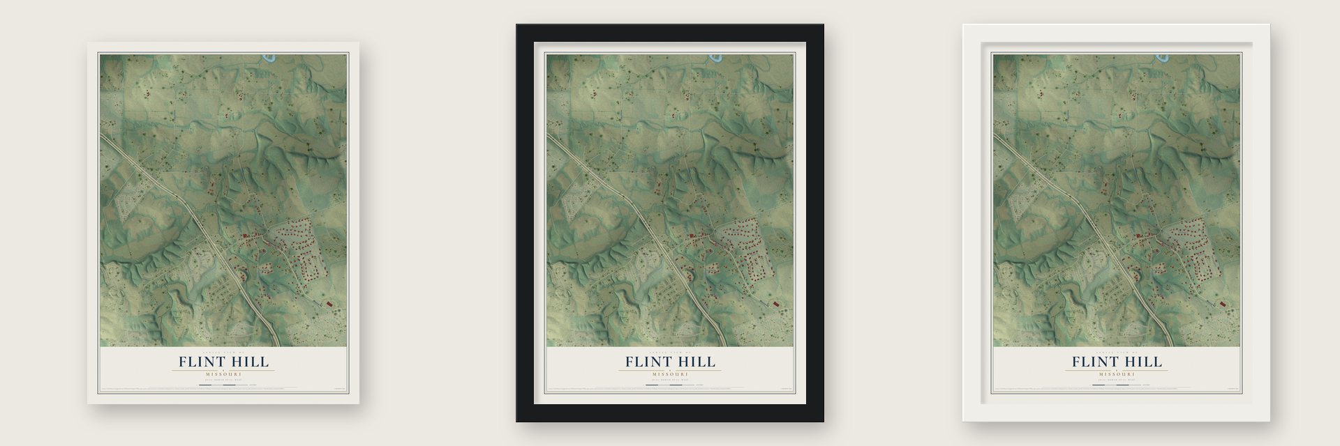 Flint Hill, Missouri map unframed, in a black wood frame and in a white wood frame