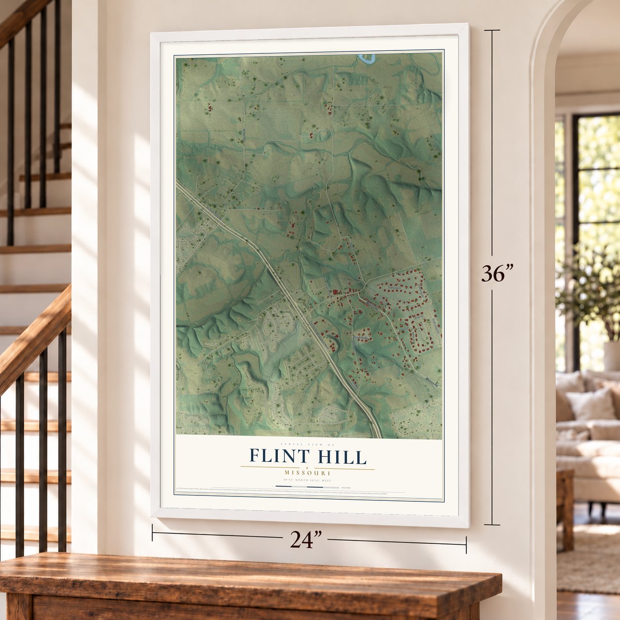 Flint Hill, Missouri map, 24 x 36 inch print in a white frame by a staircase