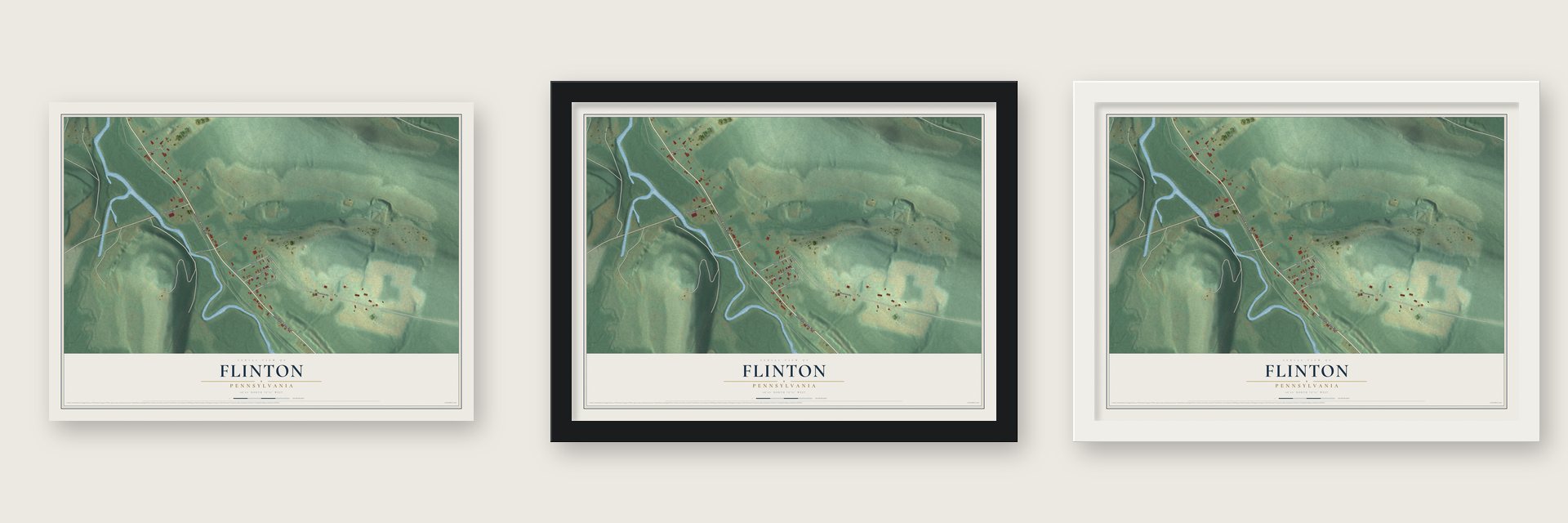 Flinton, Pennsylvania map unframed, in a black wood frame and in a white wood frame