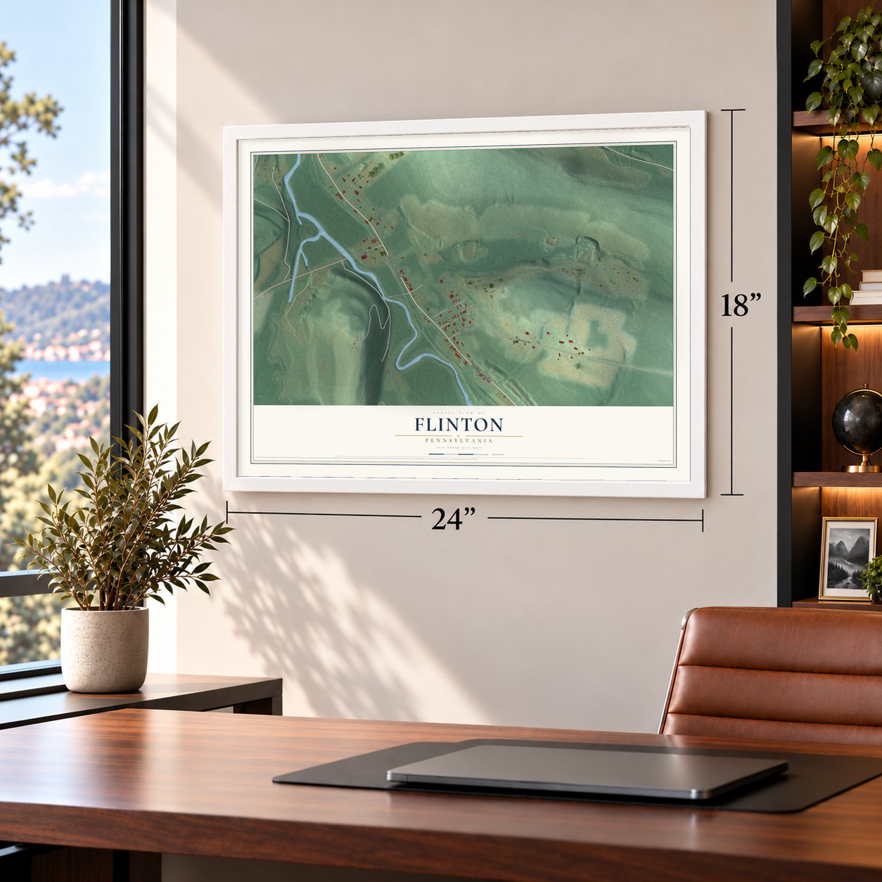 Flinton, Pennsylvania map, 18 x 24 inch print in a white frame in a home office