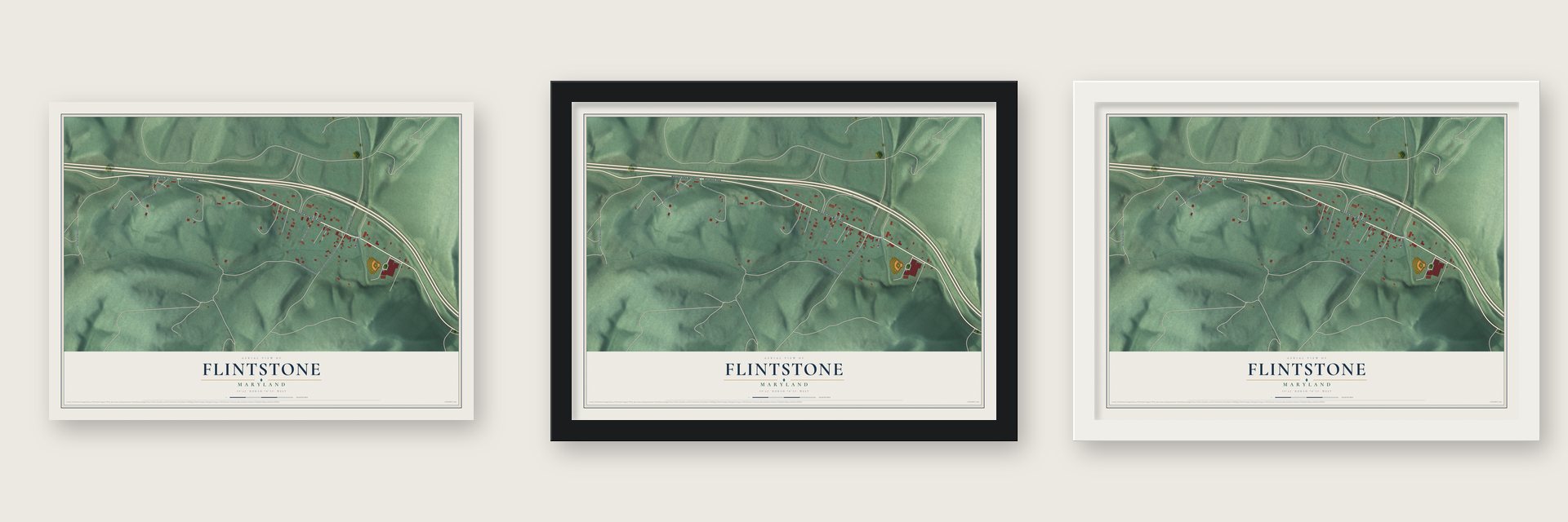 Flintstone, Maryland map unframed, in a black wood frame and in a white wood frame