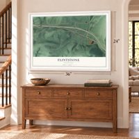 Flintstone, Maryland map, 24 x 36 inch print in a white frame above a dresser by a staircase