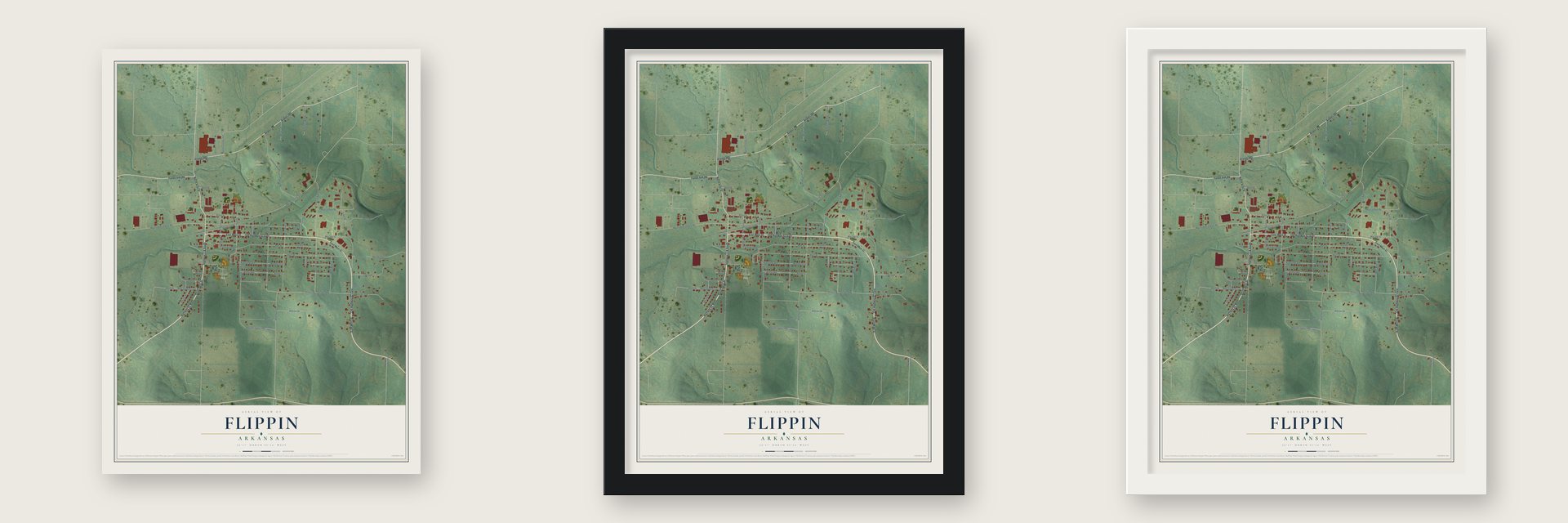 Flippin, Arkansas map unframed, in a black wood frame and in a white wood frame