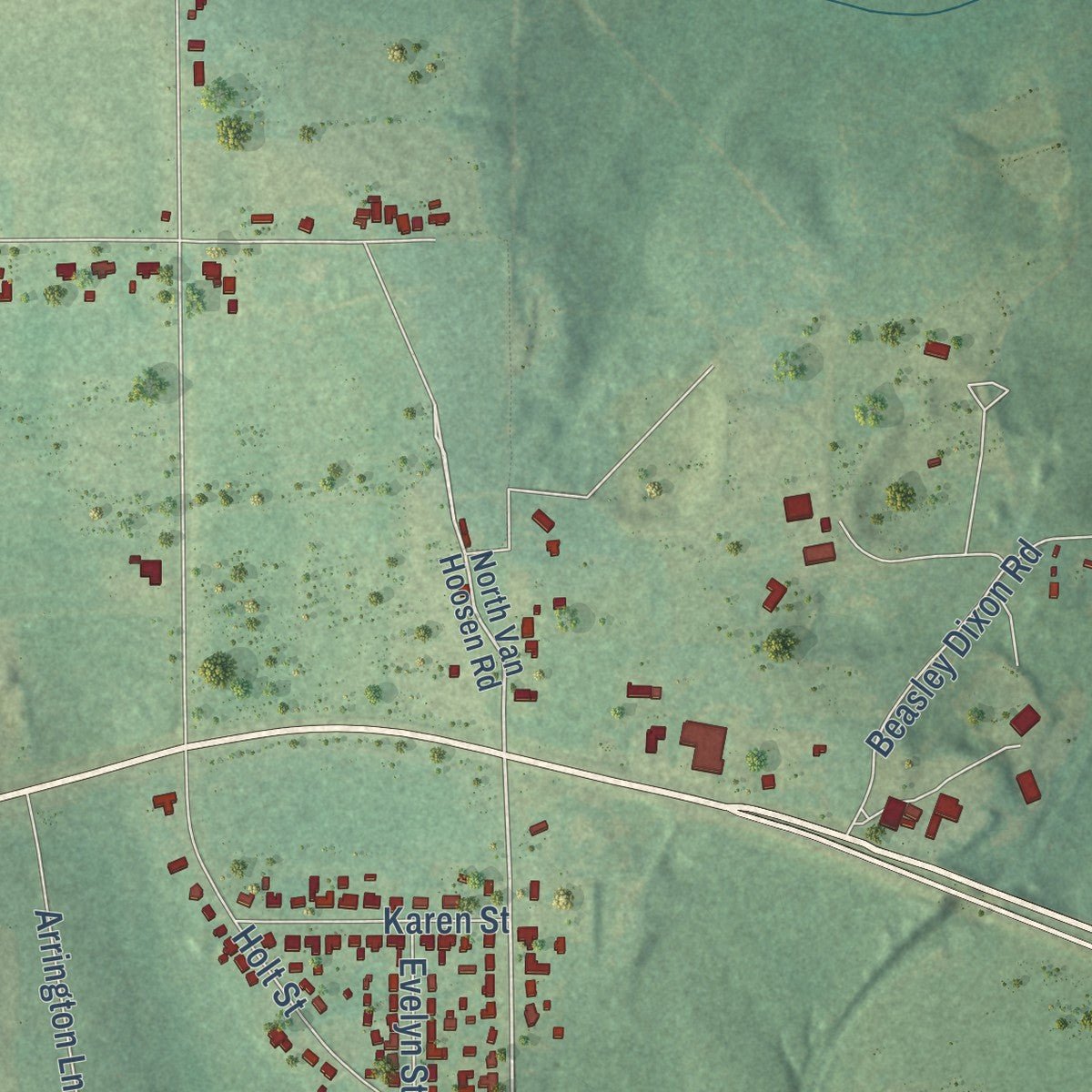 Second close-up of the map of Flomaton, Alabama print showing more streets and buildings