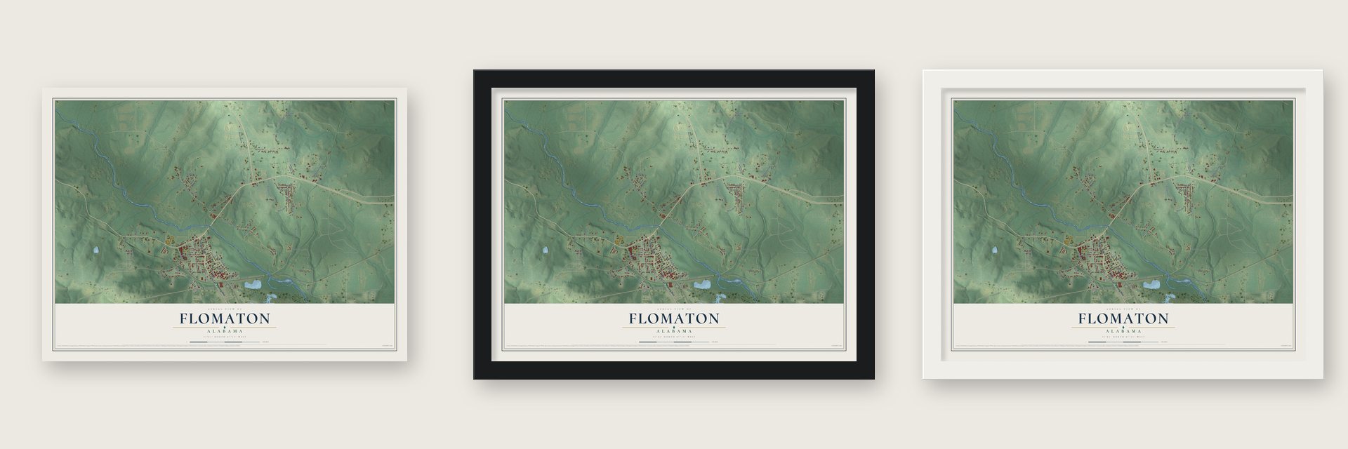 Flomaton, Alabama map unframed, in a black wood frame and in a white wood frame