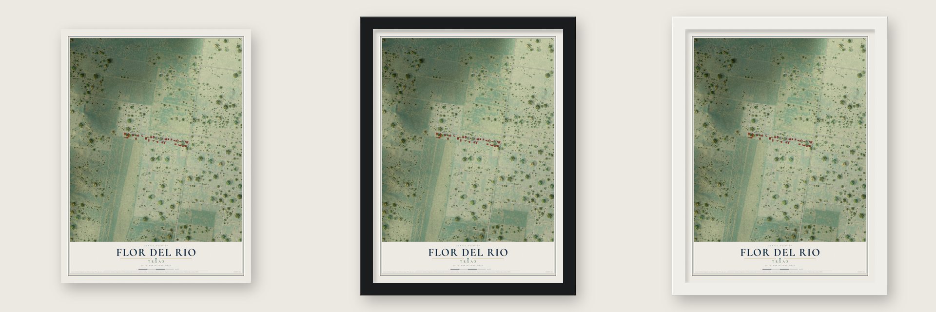 Flor del Rio, Texas map unframed, in a black wood frame and in a white wood frame
