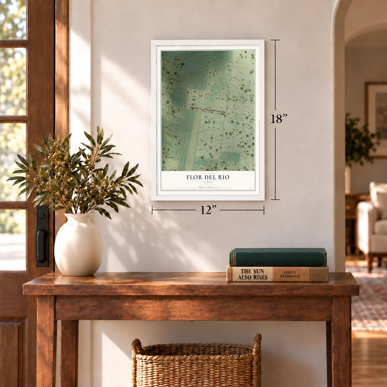 Flor del Rio, Texas map, 12 x 18 inch print in a white frame in an entryway