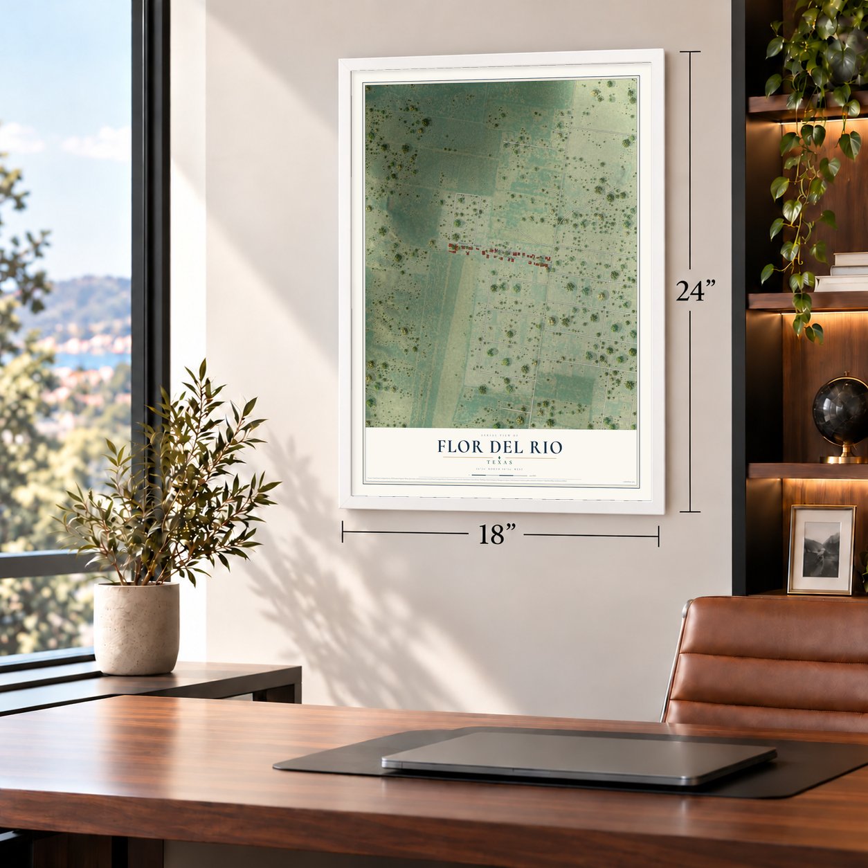 Flor del Rio, Texas map, 18 x 24 inch print in a white frame in a home office