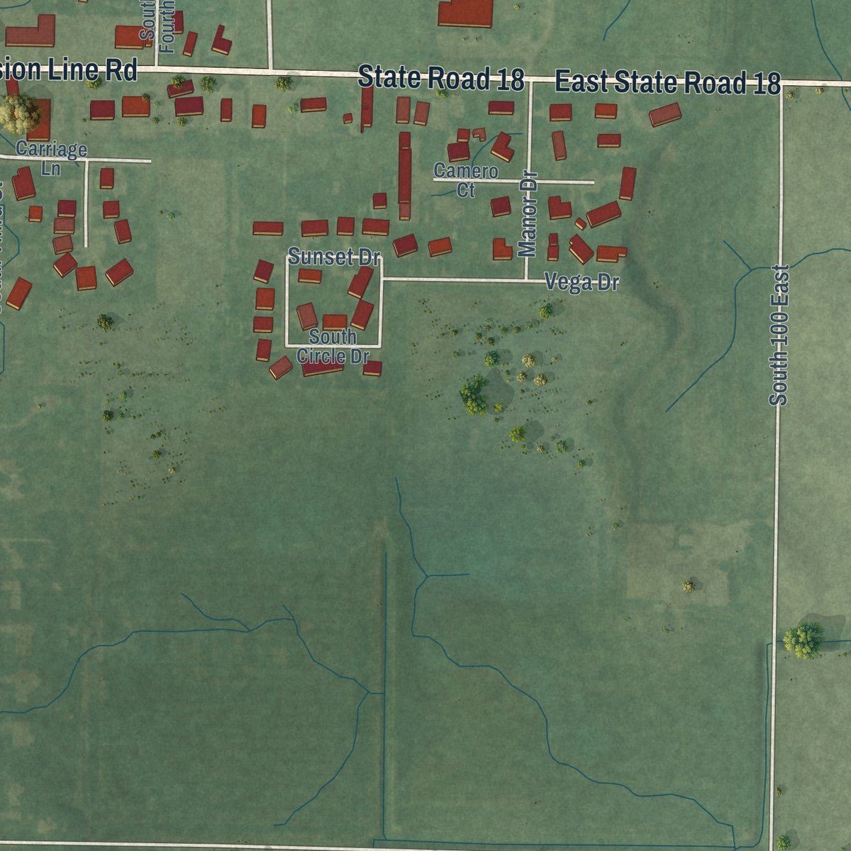 Second close-up of the map of Flora, Indiana print showing more streets and buildings