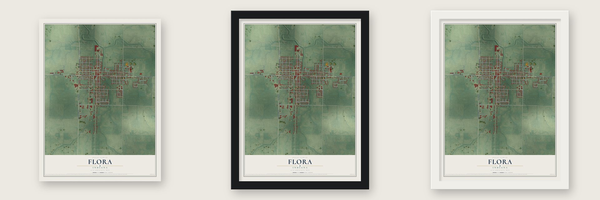 Flora, Indiana map unframed, in a black wood frame and in a white wood frame