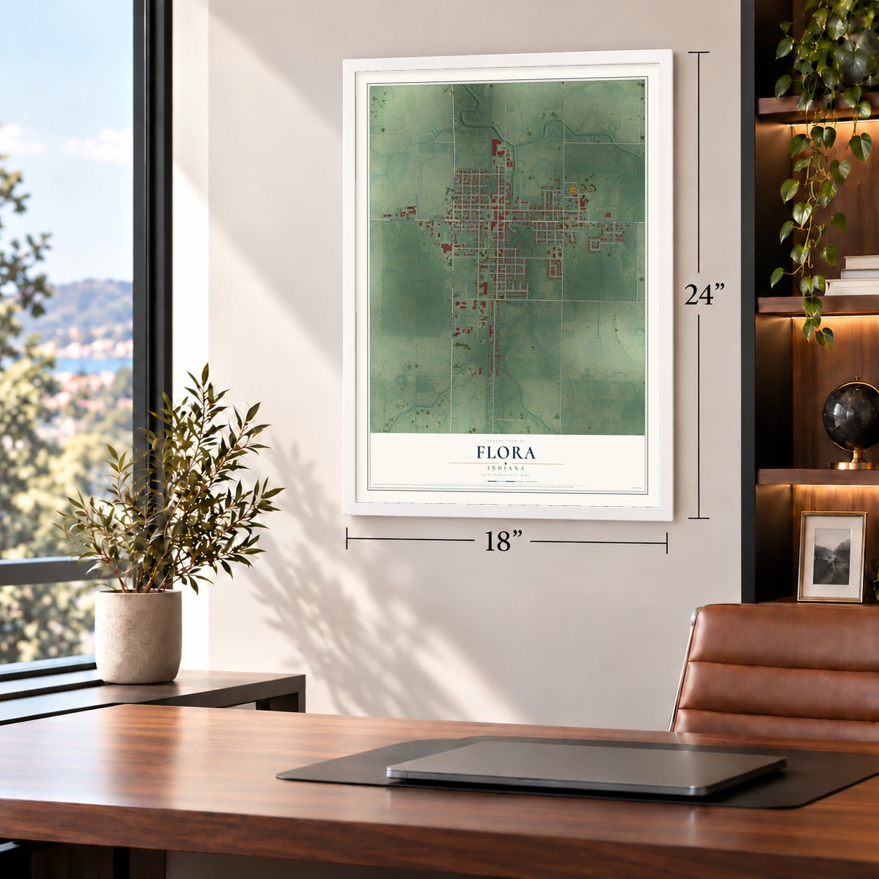Flora, Indiana map, 18 x 24 inch print in a white frame in a home office