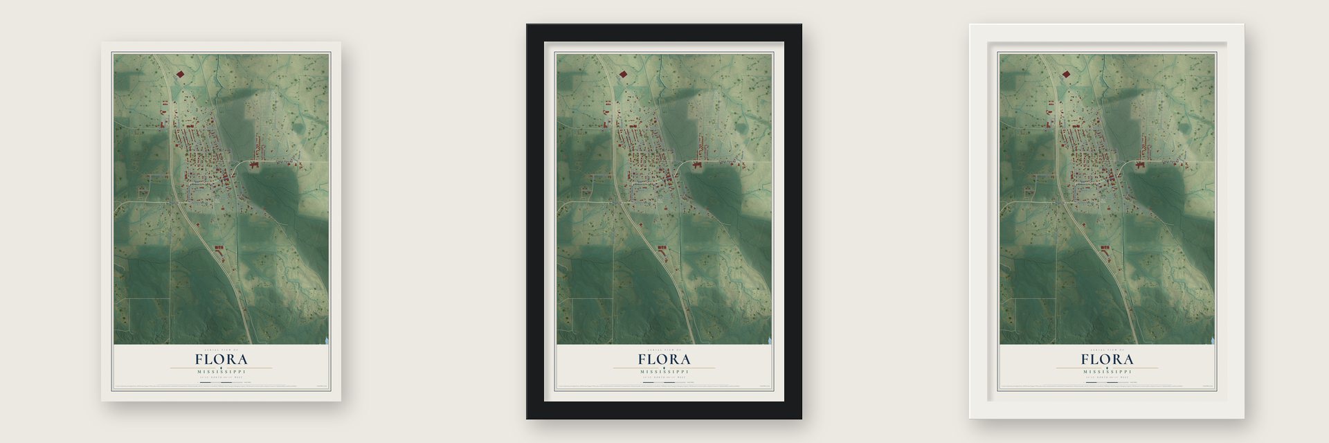 Flora, Mississippi map unframed, in a black wood frame and in a white wood frame
