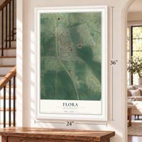 Flora, Mississippi map, 24 x 36 inch print in a white frame by a staircase