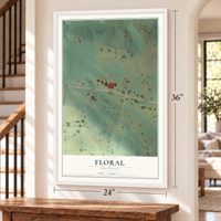Floral, Arkansas map, 24 x 36 inch print in a white frame by a staircase