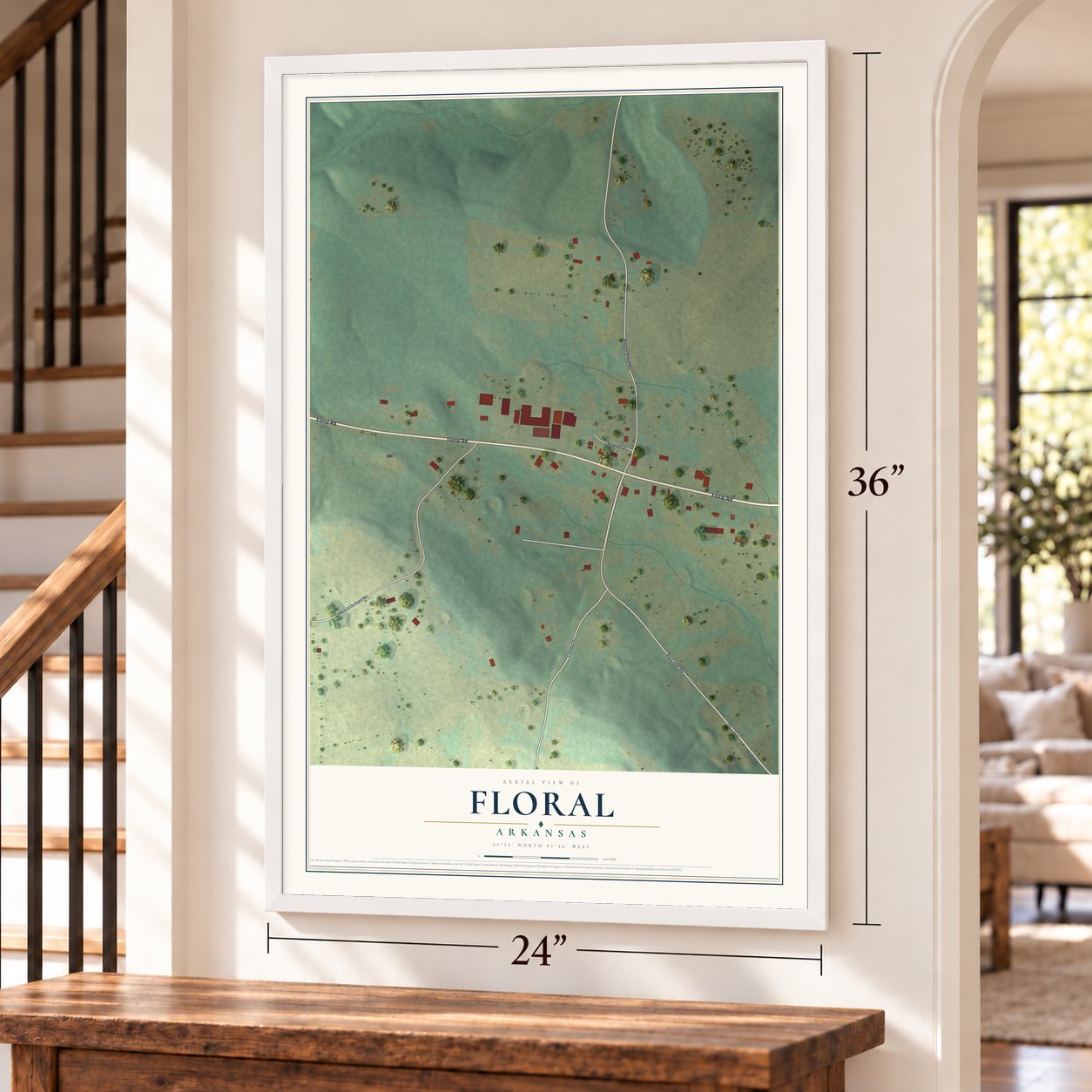 Floral, Arkansas map, 24 x 36 inch print in a white frame by a staircase