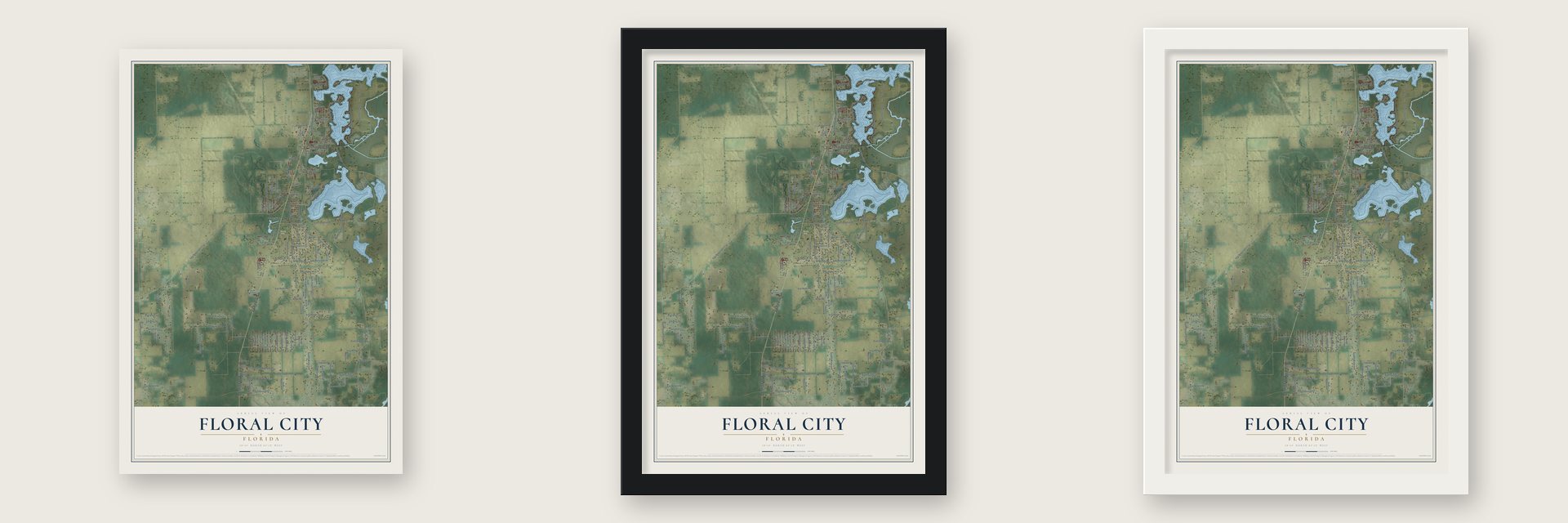 Floral City, Florida map unframed, in a black wood frame and in a white wood frame