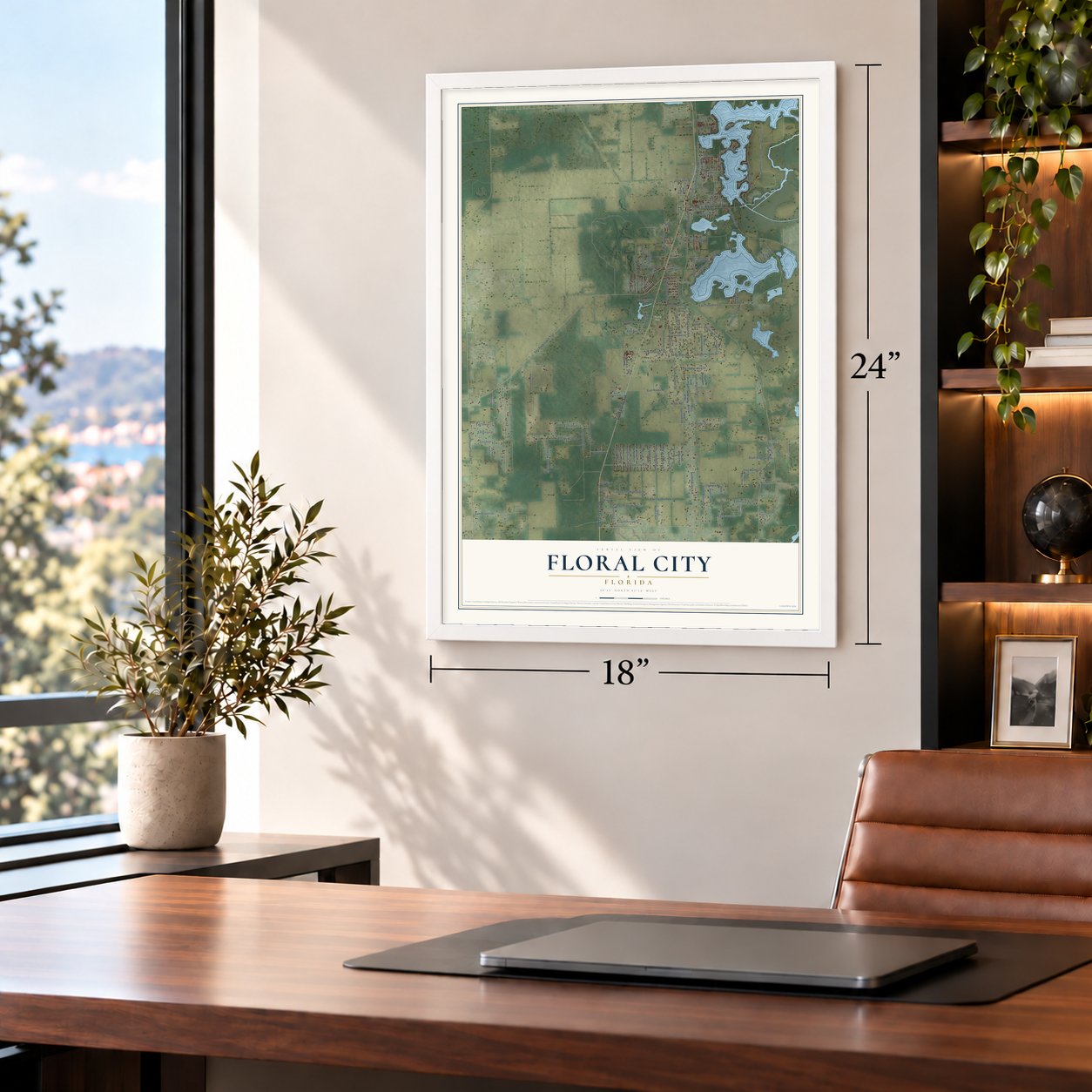 Floral City, Florida map, 18 x 24 inch print in a white frame in a home office