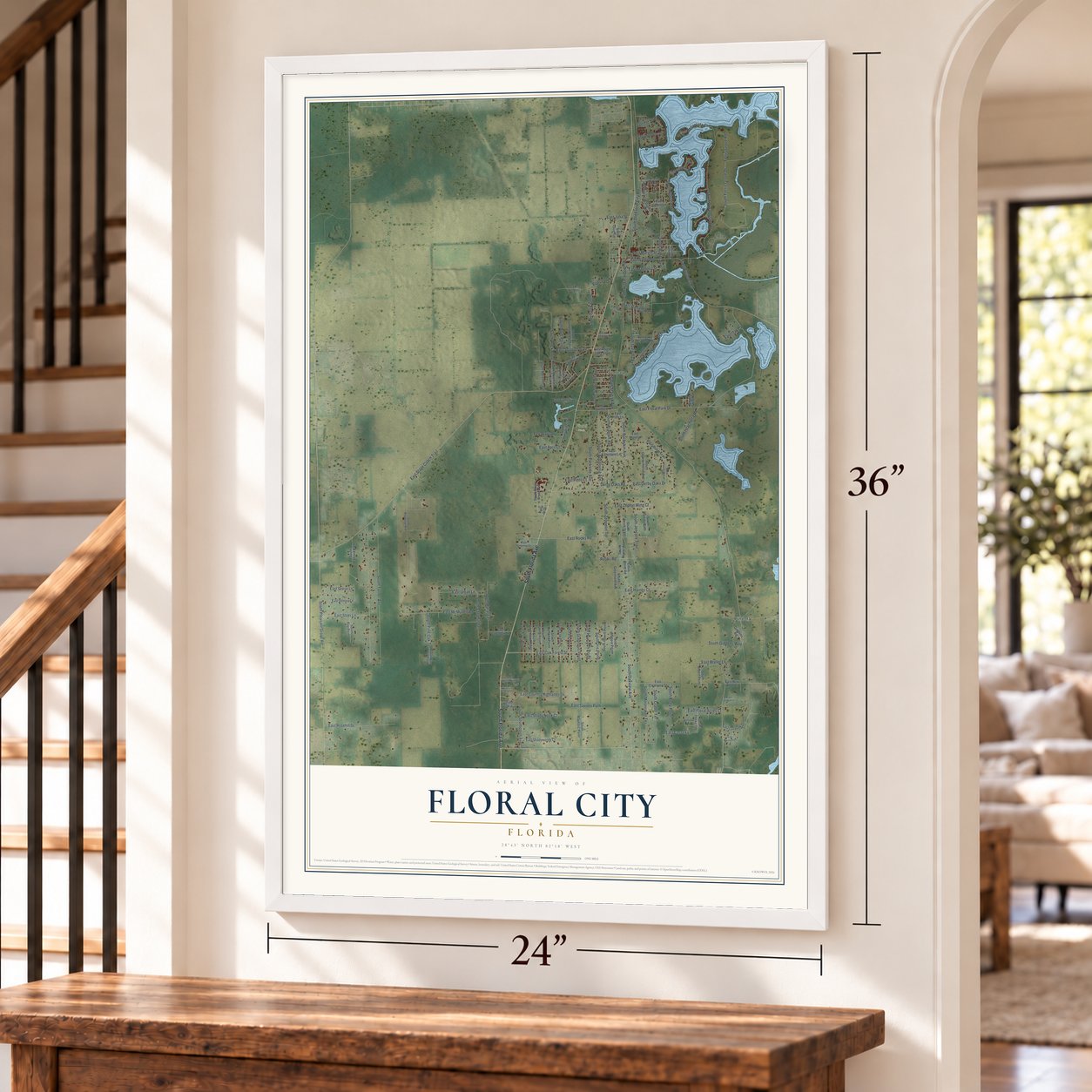Floral City, Florida map, 24 x 36 inch print in a white frame by a staircase