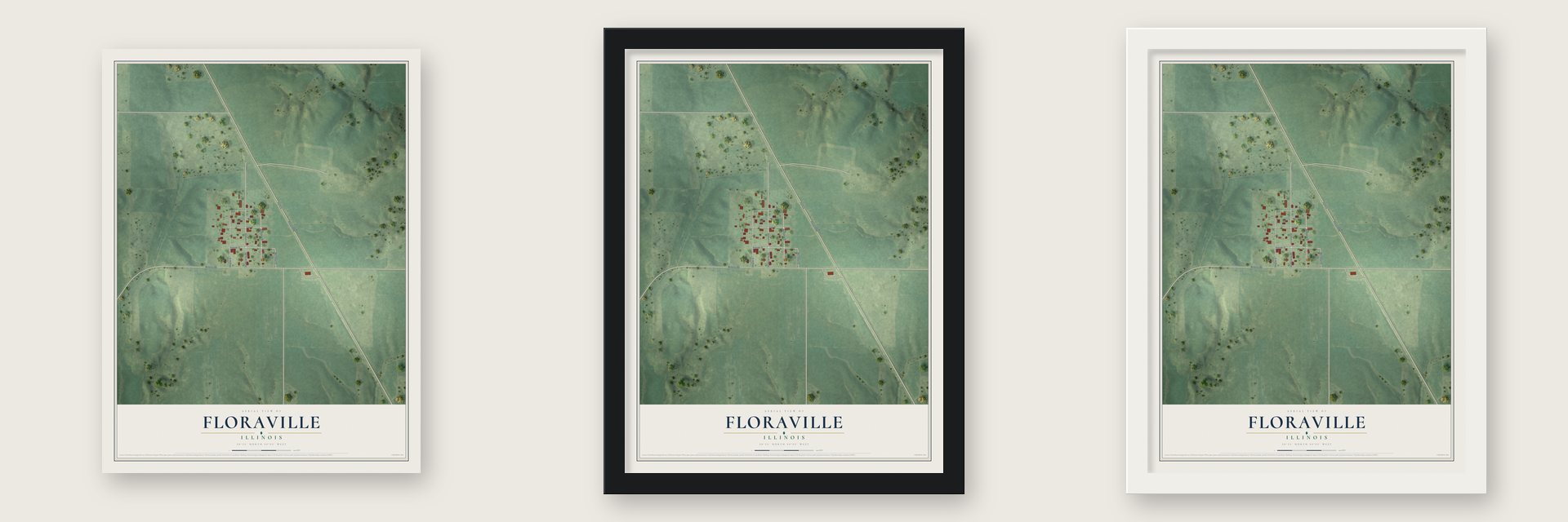 Floraville, Illinois map unframed, in a black wood frame and in a white wood frame