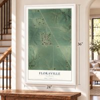 Floraville, Illinois map, 24 x 36 inch print in a white frame by a staircase