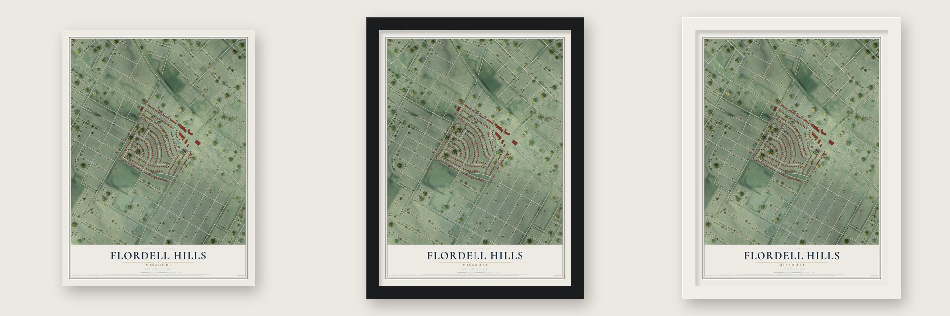 Flordell Hills, Missouri map unframed, in a black wood frame and in a white wood frame