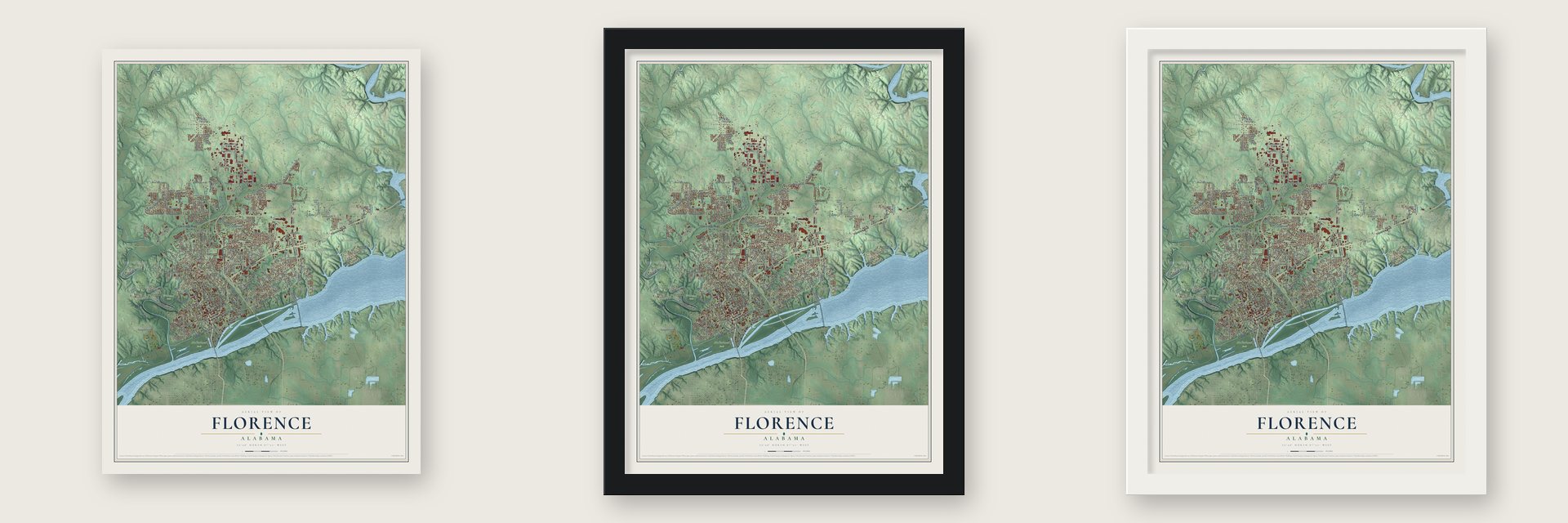 Florence, Alabama map unframed, in a black wood frame and in a white wood frame