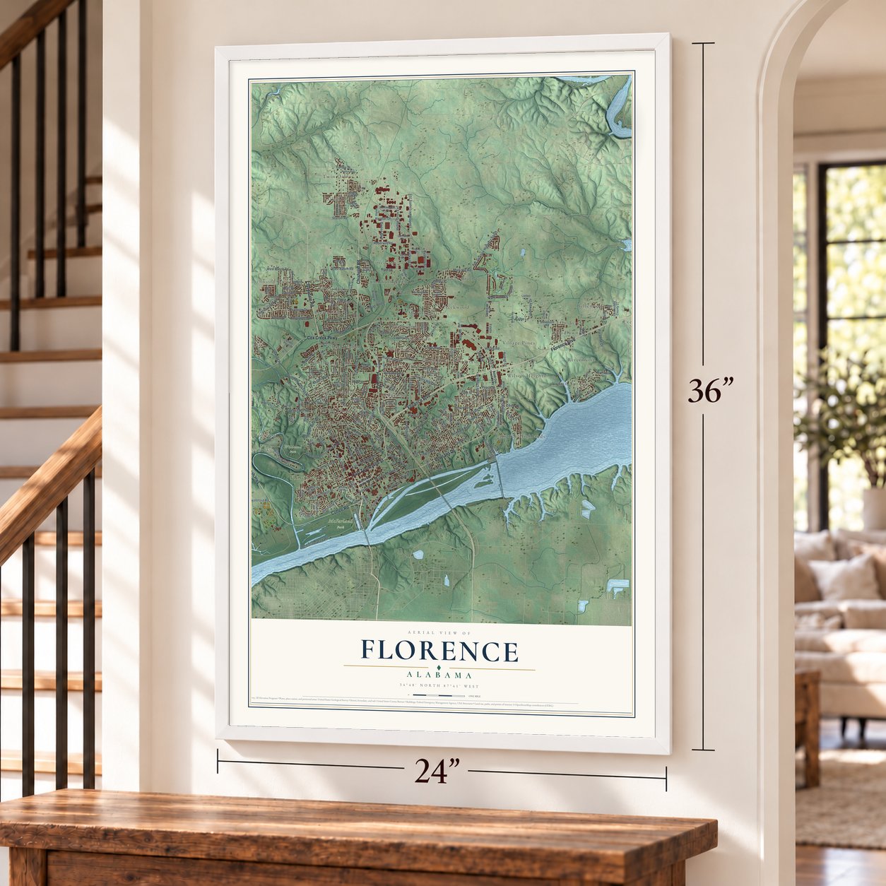 Florence, Alabama map, 24 x 36 inch print in a white frame by a staircase
