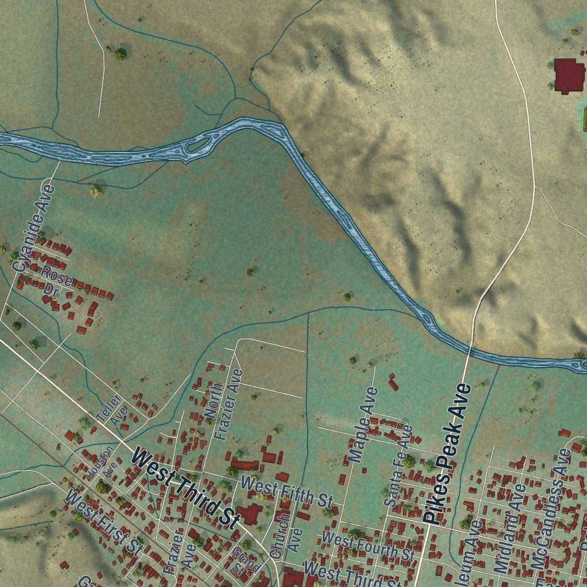 Second close-up of the map of Florence, Colorado print showing more streets and buildings