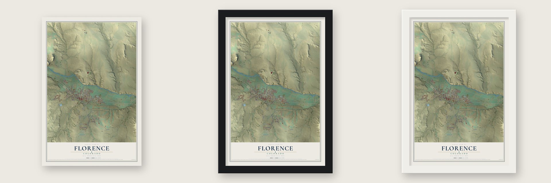 Florence, Colorado map unframed, in a black wood frame and in a white wood frame