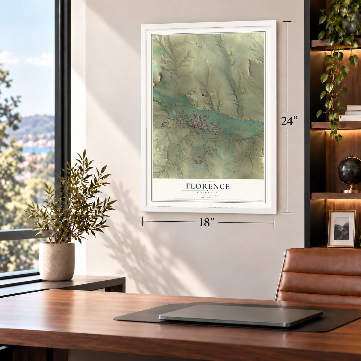 Florence, Colorado map, 18 x 24 inch print in a white frame in a home office