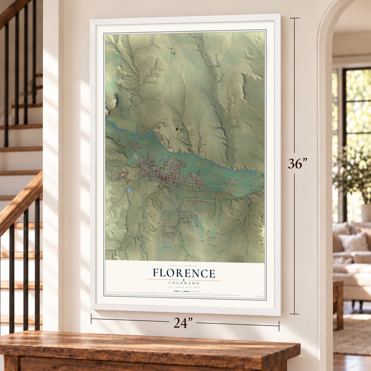 Florence, Colorado map, 24 x 36 inch print in a white frame by a staircase