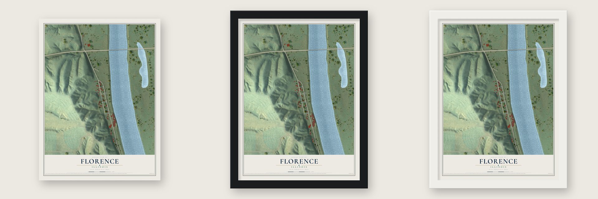 Florence, Illinois map unframed, in a black wood frame and in a white wood frame