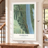 Florence, Illinois map, 24 x 36 inch print in a white frame by a staircase