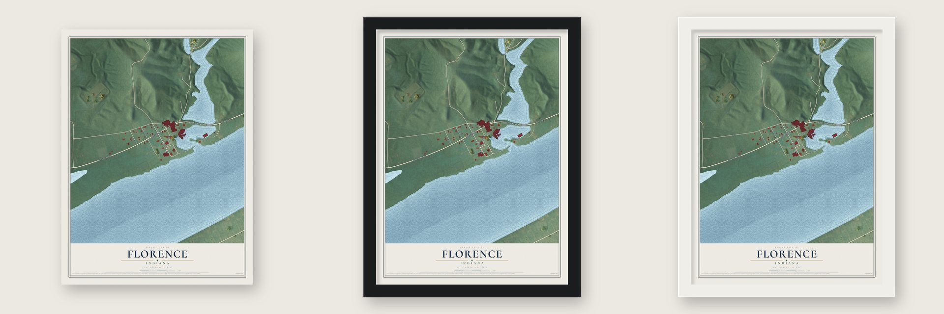 Florence, Indiana map unframed, in a black wood frame and in a white wood frame