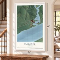 Florence, Indiana map, 24 x 36 inch print in a white frame by a staircase