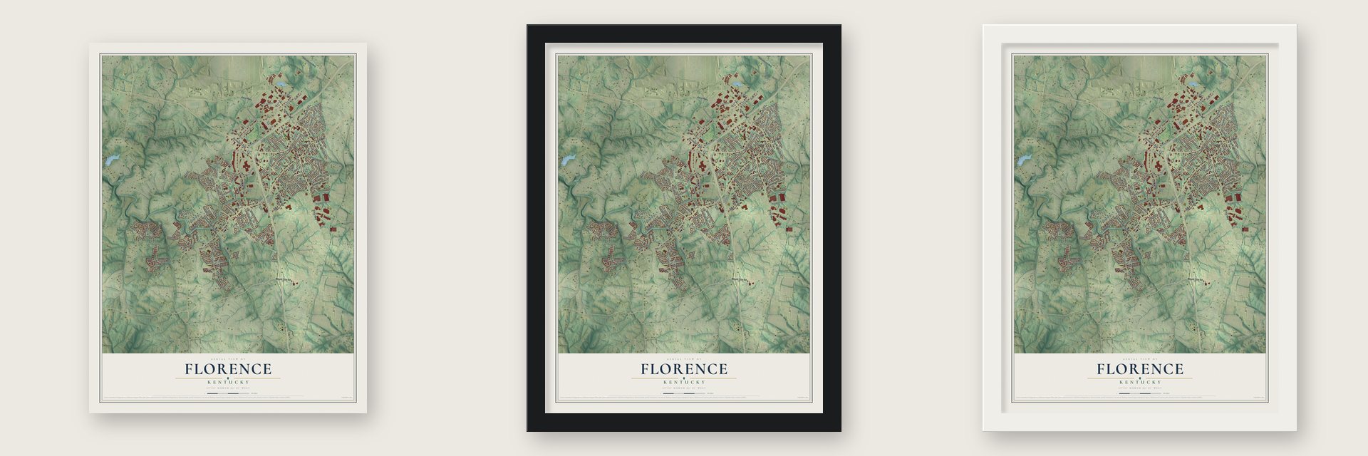 Florence, Kentucky map unframed, in a black wood frame and in a white wood frame