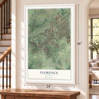Florence, Kentucky map, 24 x 36 inch print in a white frame by a staircase