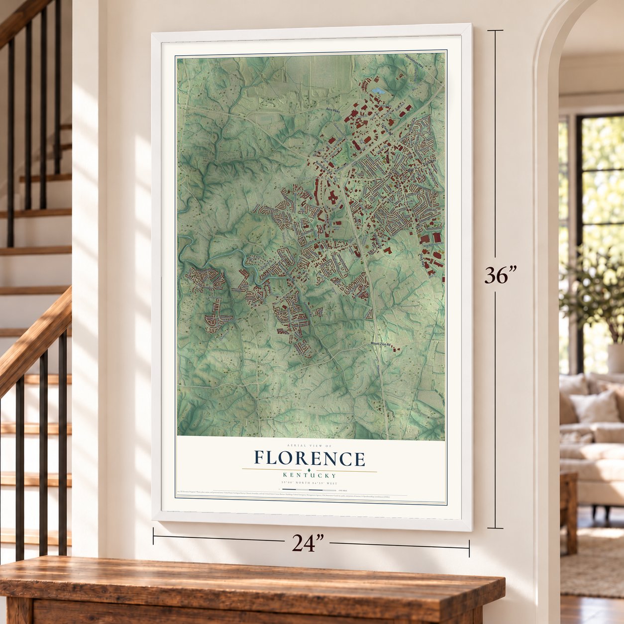 Florence, Kentucky map, 24 x 36 inch print in a white frame by a staircase