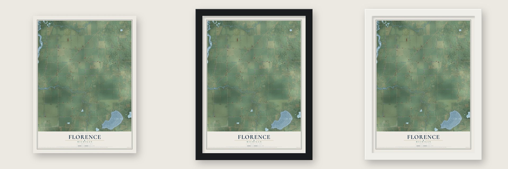 Florence, Michigan map unframed, in a black wood frame and in a white wood frame