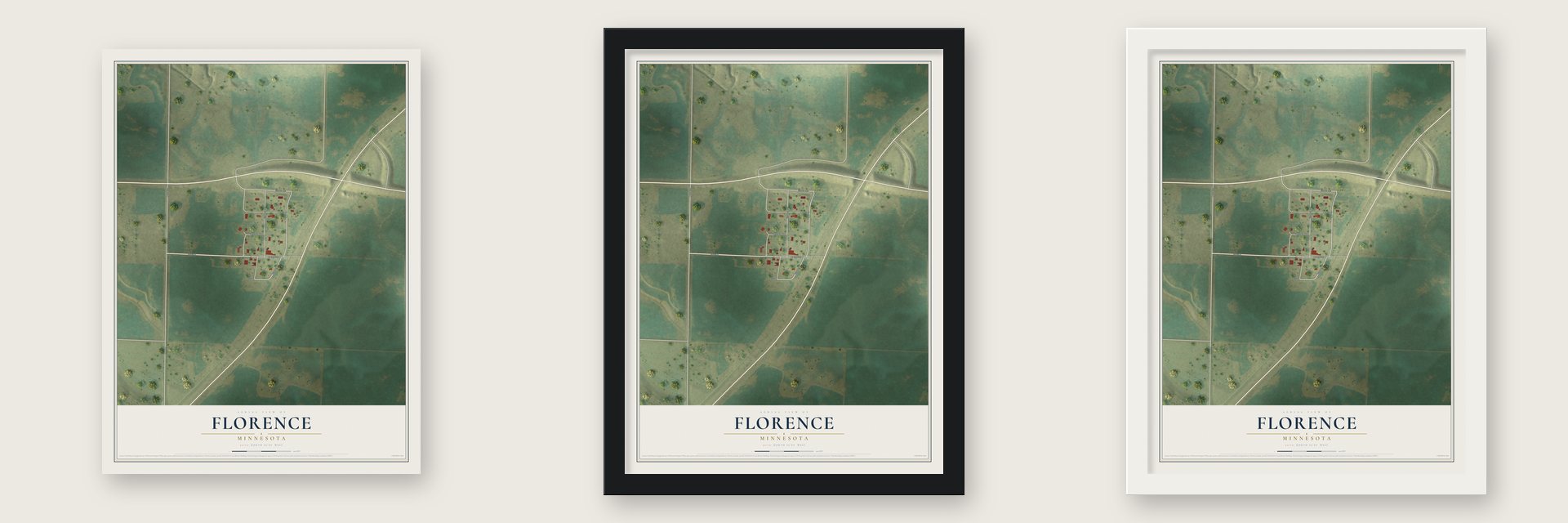 Florence, Minnesota map unframed, in a black wood frame and in a white wood frame