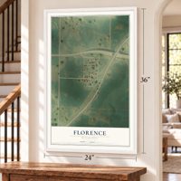 Florence, Minnesota map, 24 x 36 inch print in a white frame by a staircase