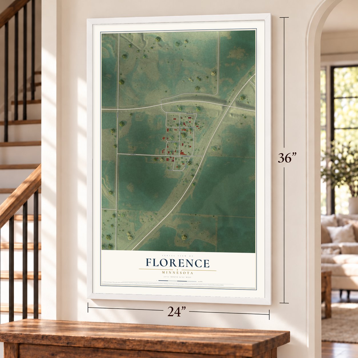 Florence, Minnesota map, 24 x 36 inch print in a white frame by a staircase