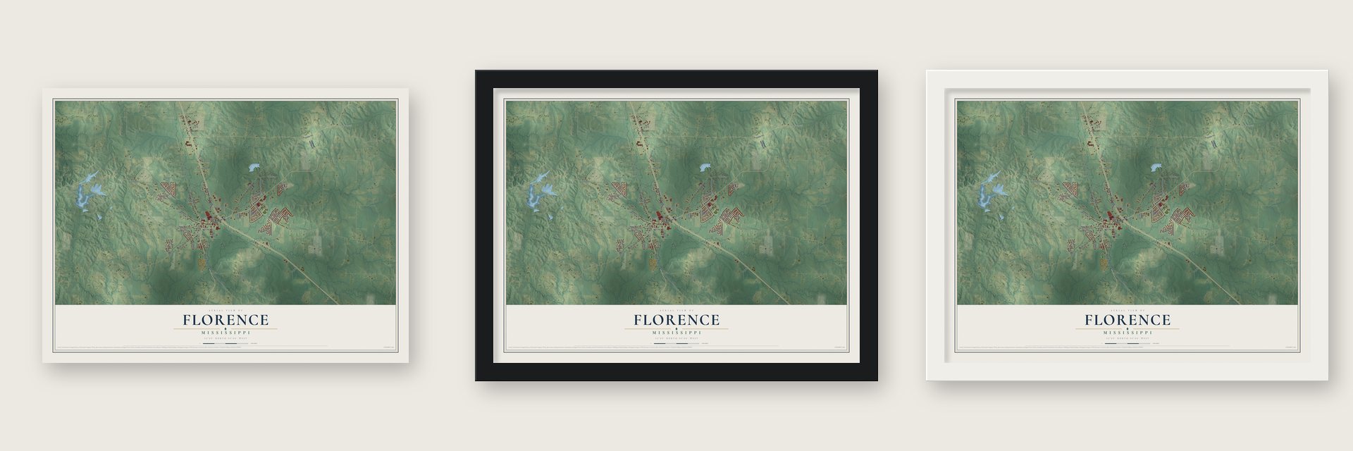 Florence, Mississippi map unframed, in a black wood frame and in a white wood frame