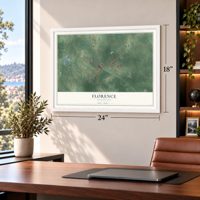 Florence, Mississippi map, 18 x 24 inch print in a white frame in a home office
