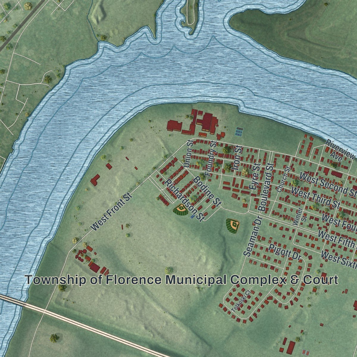 Second close-up of the map of Florence, New Jersey print showing more streets and buildings